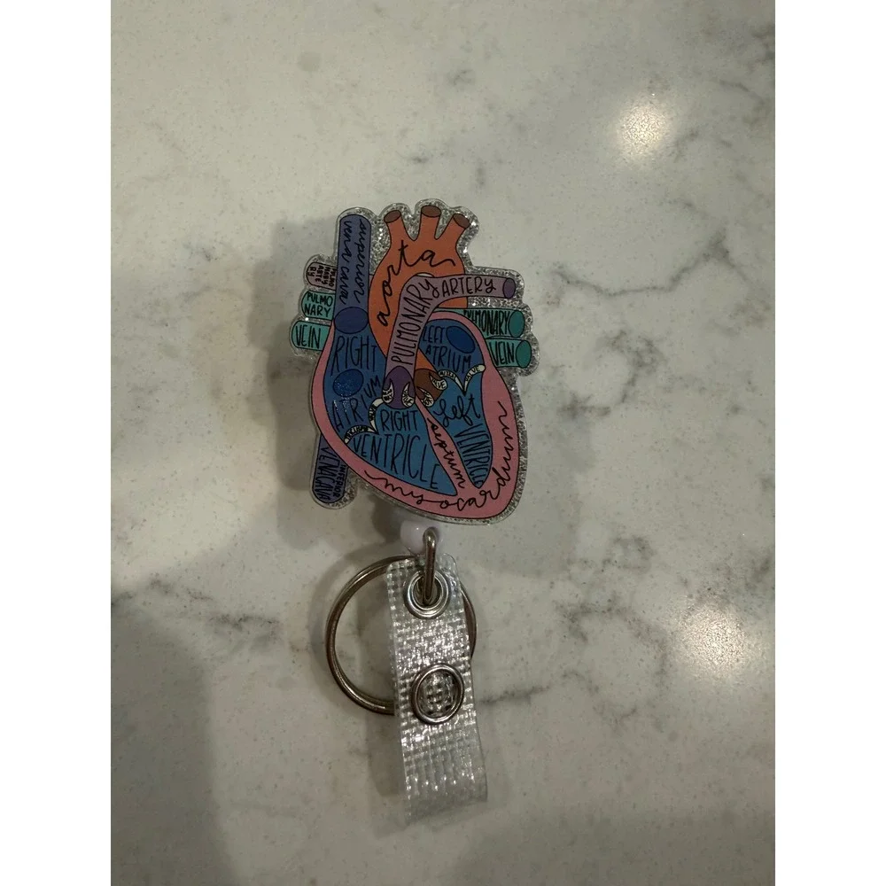 Anatomical Heart Retractable Badge Reel Alligator Clip Glitter Medical Student